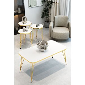 3'lü Sekizgen Zigon Sehpa Ve Dikdörtgen Orta Sehpa Takımı Modern Gold Metal Ayaklı Salon Sehpa Seti Beyaz