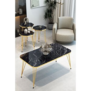 3'lü Sekizgen Zigon Sehpa Ve Dikdörtgen Orta Sehpa Takımı Modern Gold Metal Ayaklı Salon Sehpa Seti Siyah Mermer