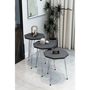3'lü Sekizgen Zigon Sehpa Seti - Gümüş Metal Ayaklı, Modern & Şık Yan Sehpa, Dayanıklı Salon Ofis Antrasit