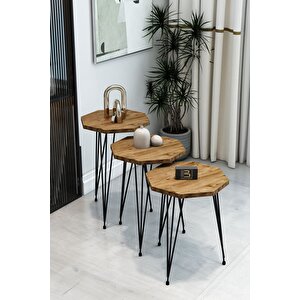 3'lü Sekizgen Zigon Sehpa Seti - Siyah Metal Ayaklı, Modern & Şık Yan Sehpa, Dayanıklı Salon Ofis Atlantik Çam