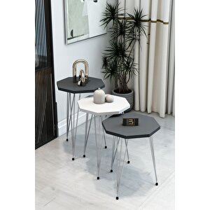 3'lü Sekizgen Zigon Sehpa Seti - Gümüş Metal Ayaklı, Modern & Şık Yan Sehpa, Dayanıklı Salon Ofis Antrasit Beyaz