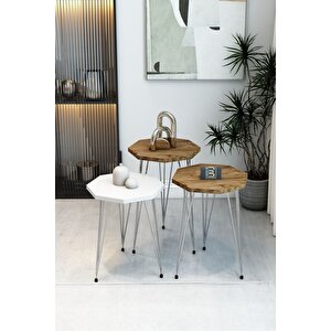 3'lü Sekizgen Zigon Sehpa Seti - Gümüş Metal Ayaklı, Modern & Şık Yan Sehpa, Dayanıklı Salon Ofis Atlantik Çam - Beyaz