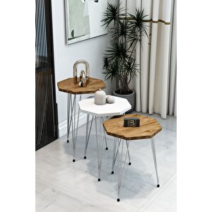 3'lü Sekizgen Zigon Sehpa Seti - Gümüş Metal Ayaklı, Modern & Şık Yan Sehpa, Dayanıklı Salon Ofis Atlantik Çam - Beyaz