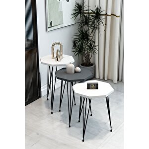 3'lü Sekizgen Zigon Sehpa Seti - Siyah Metal Ayaklı, Modern & Şık Yan Sehpa, Dayanıklı Salon Ofis Beyaz - Antrasit
