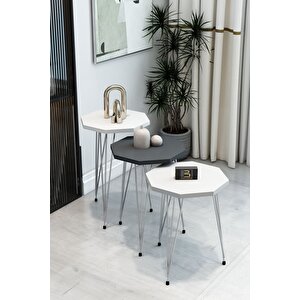 3'lü Sekizgen Zigon Sehpa Seti - Gümüş Metal Ayaklı, Modern & Şık Yan Sehpa, Dayanıklı Salon Ofis Beyaz - Antrasit