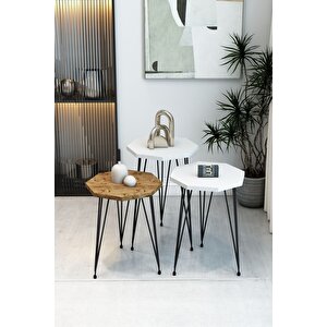 3'lü Sekizgen Zigon Sehpa Seti - Siyah Metal Ayaklı, Modern & Şık Yan Sehpa, Dayanıklı Salon Ofis Beyaz - Atlantik Çam 