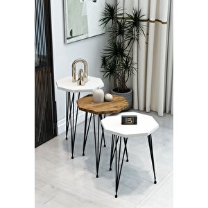 3'lü Sekizgen Zigon Sehpa Seti - Siyah Metal Ayaklı, Modern & Şık Yan Sehpa, Dayanıklı Salon Ofis Beyaz - Atlantik Çam 