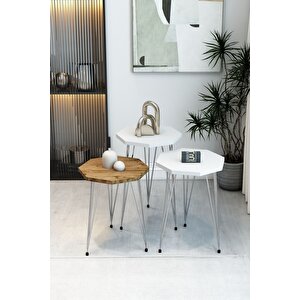 3'lü Sekizgen Zigon Sehpa Seti - Gümüş Metal Ayaklı, Modern & Şık Yan Sehpa, Dayanıklı Salon Ofis Beyaz - Atlantik Çam 
