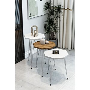 3'lü Sekizgen Zigon Sehpa Seti - Gümüş Metal Ayaklı, Modern & Şık Yan Sehpa, Dayanıklı Salon Ofis Beyaz - Atlantik Çam 