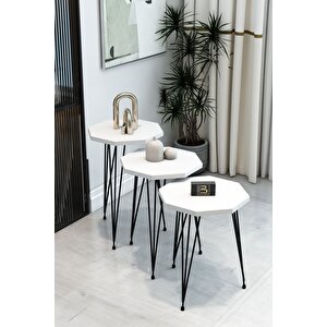 3'lü Sekizgen Zigon Sehpa Seti - Siyah Metal Ayaklı, Modern & Şık Yan Sehpa, Dayanıklı Salon Ofis Beyaz