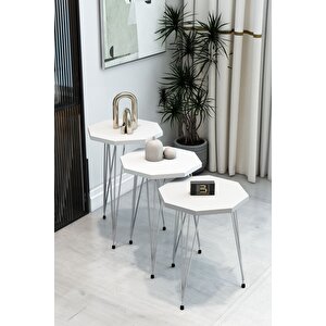 3'lü Sekizgen Zigon Sehpa Seti - Gümüş Metal Ayaklı, Modern & Şık Yan Sehpa, Dayanıklı Salon Ofis Beyaz
