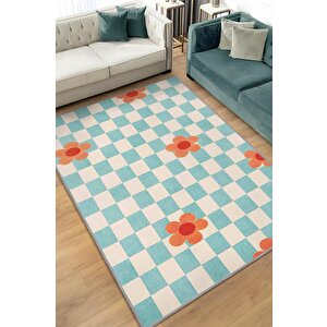 Umut Geometrik Halı Çiçek Desenli Salon Halısı Mavi Renkli Oturma Odası Halısı Kareli Halı 80x120 cm