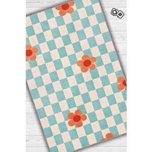 Umut Geometrik Halı Çiçek Desenli Salon Halısı Mavi Renkli Oturma Odası Halısı Kareli Halı 80x120 cm