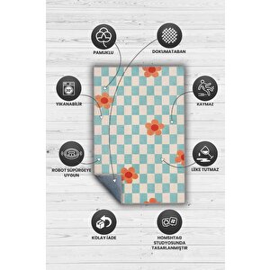Homshtag Umut Geometrik Halı Çiçek Desenli Salon Halısı Mavi Renkli Oturma Odası Halısı Kareli Halı