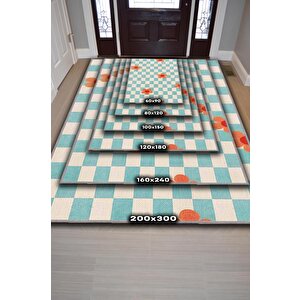 Homshtag Umut Geometrik Halı Çiçek Desenli Salon Halısı Mavi Renkli Oturma Odası Halısı Kareli Halı