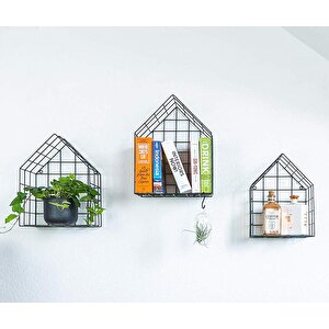 Metal 5x5 Tel Gözlü Ev Modeli Kafes Raf/3lü Set Çiçeklik - Siyah