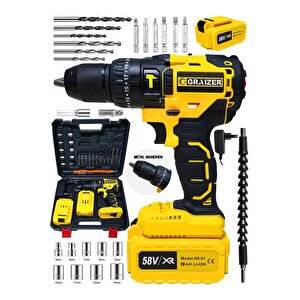 Alman 58 V 10 Ah 13 Mm Metal Mandren Darbeli Çift Akülü Vidalama Matkap 27 Parça Pro Set Sari