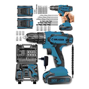 Alman Gtx-56 V 5 Ah Darbeli Metal Şanzuman Bakır Sargili Çift Akülü Vidalama Matkap + 27 Parça Setli