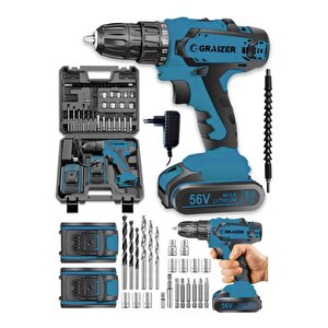 Alman Gtx-56 V 5 Ah Darbeli Metal Şanzuman Bakır Sargili Çift Akülü Vidalama Matkap + 27 Parça Setli