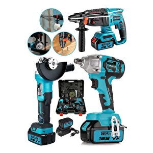 Alman 128 V Profesyonel 3'lü Set Kırıcı Delici Somun Sıkma Taşlama Makinesi 2 Akülü Kömürsüz Motor