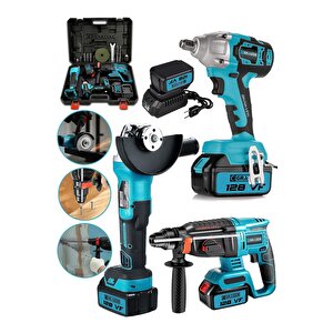 Alman 128 V Profesyonel 3'lü Set Kırıcı Delici Somun Sıkma Taşlama Makinesi 2 Akülü Kömürsüz Motor
