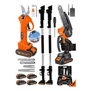 Alman 598 Vf 20 Ah 2 Li Set 4 Akülü Şarjlı Ağaç Dal Kesme Budama Makası Testere 2 Teleskop Hediyeli