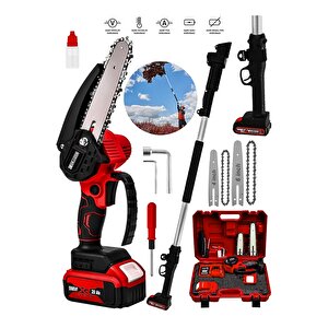 Alman 598 Vf 20 Ah Akülü Şarjlı Dal Kesme Budama Testere Bıçkı Makinesi + 2 Metre Teleskopik Uzatma