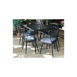 Pera Mutfak Masa Takımı 120 X 80 + 6 Omega Gri Sandalye Siyah Mermer