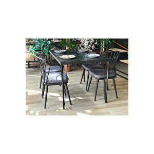 Pera Mutfak Masa Takımı 120 X 80 + 4 Omega Gri Sandalye Siyah Mermer