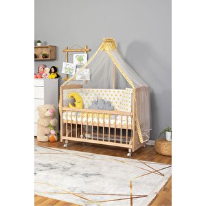 Ahşap Beşik Anne Yanı Beşik Organik (boyasiz) 60x120 - Sarı Yıldız Uyku Seti Yatak Tekerlekli