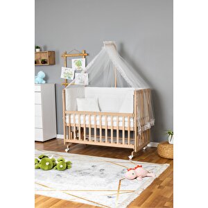 Ahşap Beşik Anne Yanı Beşik Organik 60x120 - Beyaz Güpür Uyku Seti + Yataklı + Tekerlekli