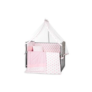 Ahşap Beşik Anne Yanı Beşik Gri 60x120 Pembe Yıldız Tek Yastıklı Uyku Seti Yatak