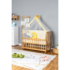 Ahşap Beşik Anne Yanı Beşik Vernikli 60x120 - Sarı Yıldız 3 Yastıklı Uyku Seti + Yataklı