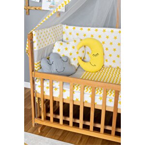 Ahşap Beşik Anne Yanı Beşik Vernikli 60x120 - Sarı Yıldız 3 Yastıklı Uyku Seti + Yataklı