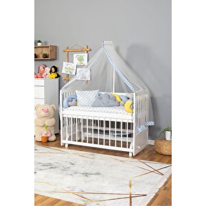 Ahşap Beşik Anne Yanı Beşik Beyaz 60x120 - Mavi Sarı Örgü Uyku Seti Seti + Yatak