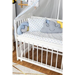 Ahşap Beşik Anne Yanı Beşik Beyaz 60x120 - Mavi Sarı Örgü Uyku Seti Seti + Yatak