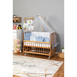Ahşap Beşik Anne Yanı Beşik (vernikli) 60x120 - Mavi Nakış Uyku Seti + Yatak + Tekerlekli