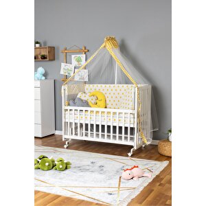 Ahşap Beşik Anne Yanı Beşik Beyaz 70x130 - Sarı Yıldız 3 Yastıklı Uyku Seti + Yataklı + Tekerlekli