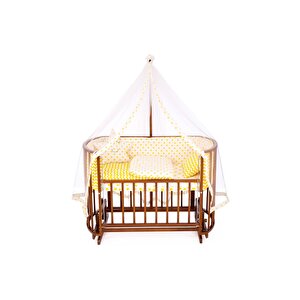 Ahşap Beşik Anne Yanı Beşik Ceviz 60x120 Sarı Yıldız Uyku Seti Yatak