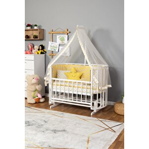 Ahşap Beşik Anne Yanı Beşik Beyaz 60x120 Sarı Yıldız Uyku Seti Yatak