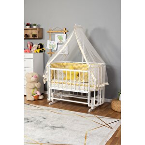 Ahşap Beşik Anne Yanı Beşik Beyaz 60x120 Sarı Yıldız Uyku Seti Yatak