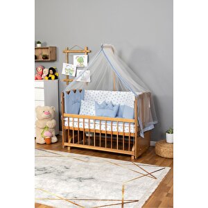 Ahşap Beşik Anne Yanı Beşik (vernikli) 60x120 - Mavi Nakış Uyku Seti + Yatak