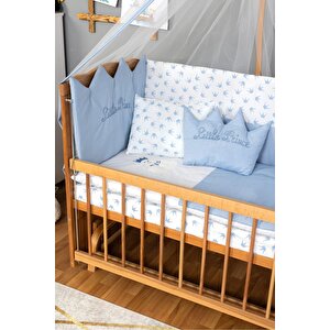 Ahşap Beşik Anne Yanı Beşik (vernikli) 60x120 - Mavi Nakış Uyku Seti + Yatak