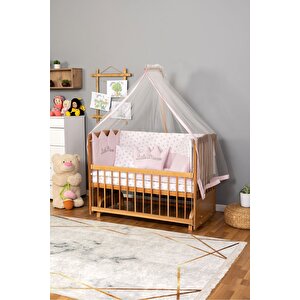 Ahşap Beşik Anne Yanı Beşik Doğal (verni̇kli̇) 60x120 - Pembe Prenses (kiz) Uyku Seti Yatak
