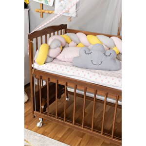 Ahşap Beşik Anne Yanı Beşik Ceviz 60x120 - Pembe Sarı Örgü Uyku Seti Seti + Yatak + Tekerlekli