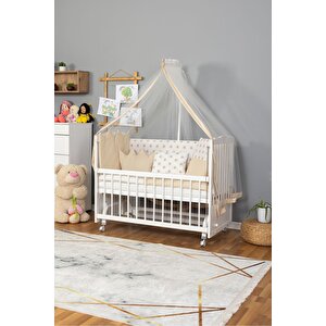 Ahşap Beşik Anne Yanı Beşik Beyaz 60x120 - Krem Nakış(yazısız) Uyku Seti + Yatak + Tekerlekli