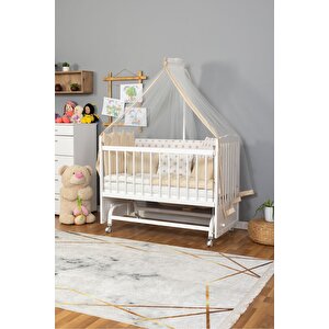 Ahşap Beşik Anne Yanı Beşik Beyaz 60x120 - Krem Nakış(yazısız) Uyku Seti + Yatak + Tekerlekli