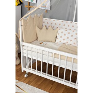 Ahşap Beşik Anne Yanı Beşik Beyaz 60x120 - Krem Nakış(yazısız) Uyku Seti + Yatak + Tekerlekli