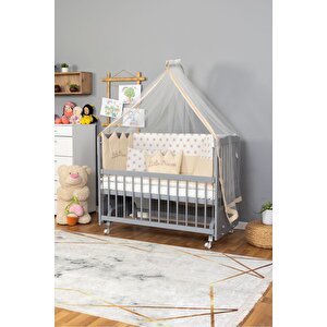 Ahşap Beşik Anne Yanı Beşik Gri 60x120 - Krem Nakış(kız) Uyku Seti + Yatak + Tekerlekli