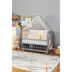 Ahşap Beşik Anne Yanı Beşik Gri 60x120 - Krem Nakış(kız) Uyku Seti + Yatak